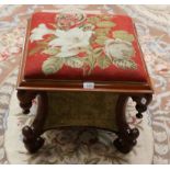 A Victorian Mahogany Dressing Stool, 3rd quarter 19th century, with floral needlework overstuffed