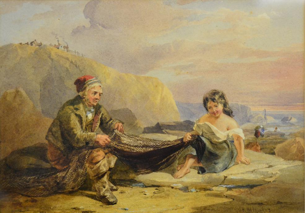John Henry Mole (1814-1886) Fisherfolk tending to their nets Signed and dated 1849, watercolour, - Image 4 of 4
