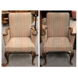 A Pair of 18th Century Style Mahogany Framed Armchairs, upholstered in close-nailed multi-coloured