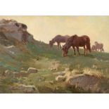 Charles Walter Simpson RI (1885-1971) Dartmoor ponies grazing Signed, oil on board, 52cm by 72cm see