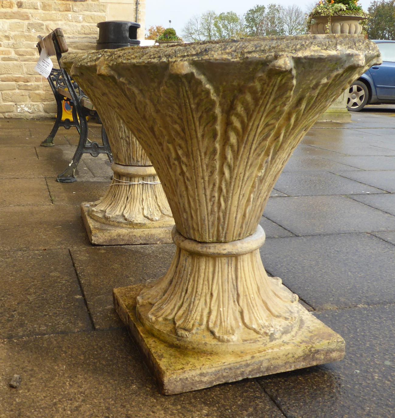 A Pair of Composition Pedestal Garden Urns, of circular tapering form decorated with acanthus - Image 3 of 7