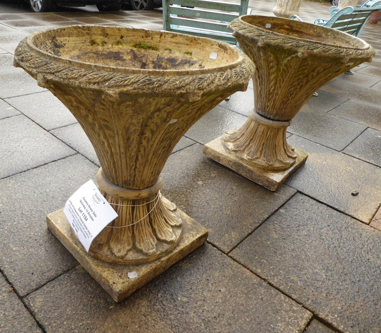 A Pair of Composition Pedestal Garden Urns, of circular tapering form decorated with acanthus - Image 5 of 7