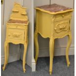A 19th Century Yellow Painted Marble Bedside Cupboard, with gallery top above a rouge marble top and