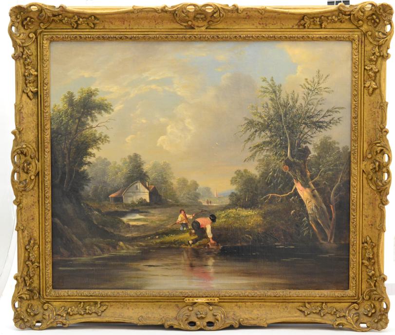 E C Williams (19th century) Lake and cottage with figures collecting water Oil on canvas, 49cm by - Image 2 of 2