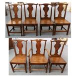 A Set of Seven (6+1) Late George III Oak Provincial Chairs, early 19th century, with yoke shaped top