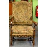 A Walnut Framed Armchair, in 17th century style, upholstered in gros point needlework fabric with