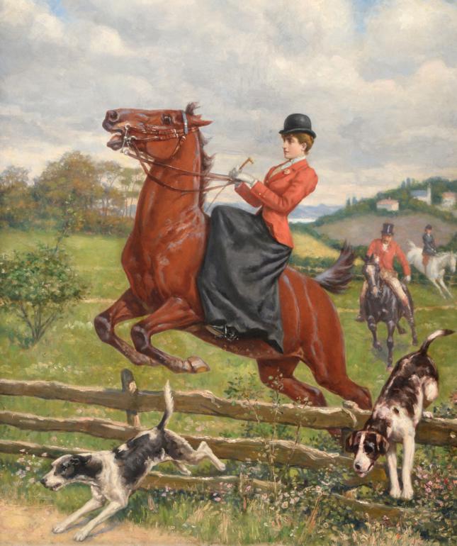 Etienne Le Rallic (1891-1968) French A lady on a bay horse and hounds jumping a fence side-saddle