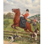 Etienne Le Rallic (1891-1968) French A lady on a bay horse and hounds jumping a fence side-saddle