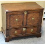 An 18th Century Oak Chest, with hinged lid above two lozenge carved panels and a two-as-one drawer