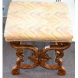 A Victorian Rosewood Scroll End Dressing Table Stool, in 17th century style, later recovered in