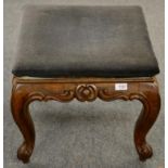 A Victorian Rosewood Dressing Stool, mid 19th century, with blue velvet seat and carved seat rail,