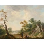 Geradus Wieringa (1758-1817) Dutch Landscape with figures on a road beside a cottage and a river