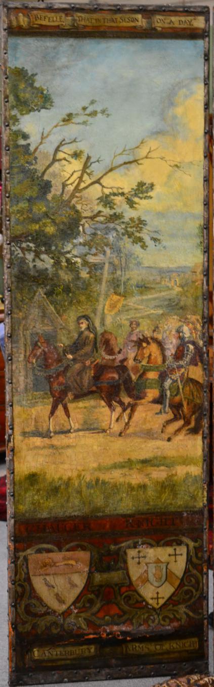 An Impressive Painted Close-Nailed Leather Four Leaf Screen, 19th century, depicting figures on - Image 2 of 5