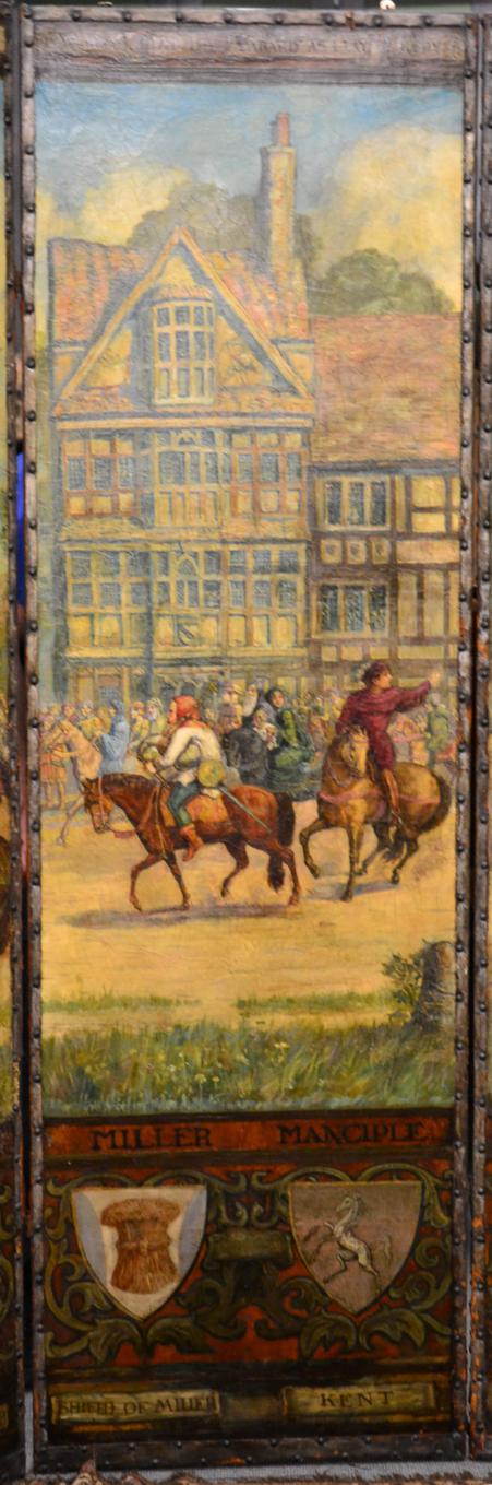 An Impressive Painted Close-Nailed Leather Four Leaf Screen, 19th century, depicting figures on - Image 3 of 5