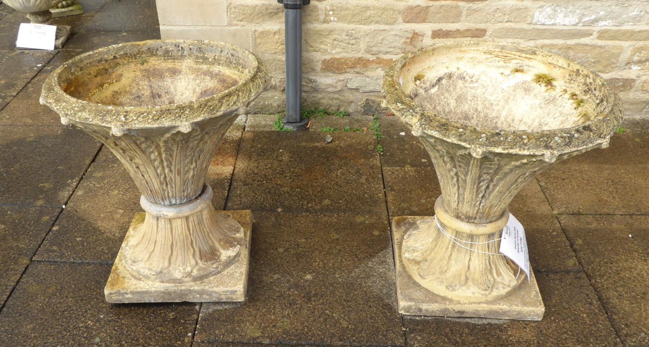 A Pair of Composition Pedestal Garden Urns, of circular tapering form decorated with acanthus - Image 2 of 7