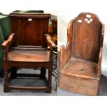 A 17th Century Child's Oak Wainscot Chair, panel-back, scroll arms, solid seat, turned supports,