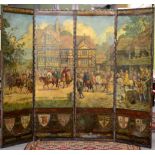An Impressive Painted Close-Nailed Leather Four Leaf Screen, 19th century, depicting figures on