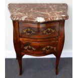^ A French Louis XIV Style Rosewood Two Drawer Commode, with pink and grey veined marble top, raised