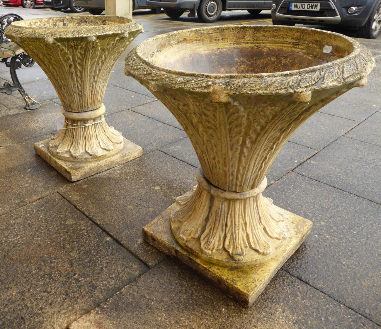A Pair of Composition Pedestal Garden Urns, of circular tapering form decorated with acanthus - Image 4 of 7