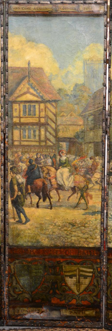 An Impressive Painted Close-Nailed Leather Four Leaf Screen, 19th century, depicting figures on - Image 4 of 5