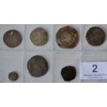 5 x English Hammered Silver Coins comprising: Philip & Mary groat MM lis; holed at 12 o'clock,