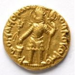 Kushan Empire (Ancient Bactria) Gold Dinar of Vasudeva (circa 190-230 AD); obv. standing nimbate