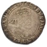James I, Shilling third coinage, sixth larger bust, MM thistle; obv facial features weakly struck