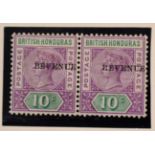 British Honduras. July 1899 10c horizontal pair with left adhesive variety BEVENUE