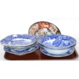 A Japanese Imari dish with two Japanese blue and white dishes; together with a collection of English