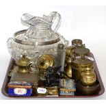 Various enamel boxes, brass and copper wares, glass, Japanese box, postal scales and other works