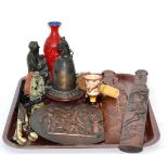 Soapstone carvings, page turners, circular plaque, oriental bell, decorative mask etc