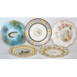 A collection of five hand painted plates, including Doulton Burslem