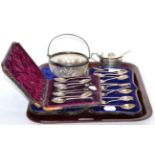 A cased set of twelve and a cased set of six silver Onslow pattern teaspoons with tongs; a George