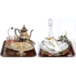 A quantity of silver plate, glass ware, coloured cut glass, plated serving dish etc (2 trays)