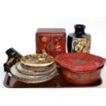 A tray of assorted Japanese ceramics, lacquer ware etc