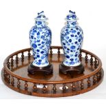 A pair of Chinese blue and white vases and a rosewood tray Blue and white vases - 22cm high. Each