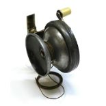 A Mallochs Patent Alloy Sidecasting Reel, with ivorine handled brass winding arm to front plate,
