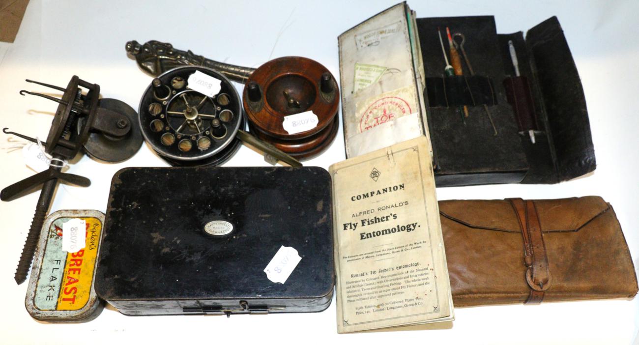 Mixed Fishing Tackle, including a Hardy japanned tackle box with spinners, two fly wallets, Allcocks