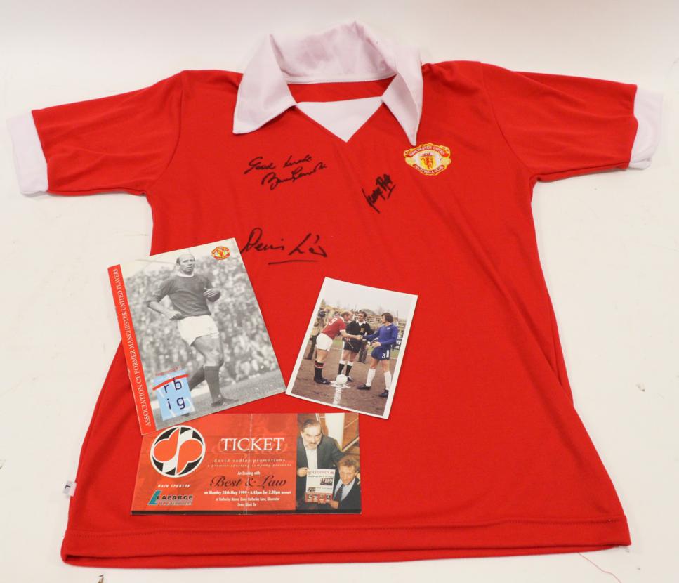 Manchester United Signed Retro Shirt signed by Bobby Charlton, George Best and Denis Law; with