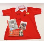 Manchester United Signed Retro Shirt signed by Bobby Charlton, George Best and Denis Law; with