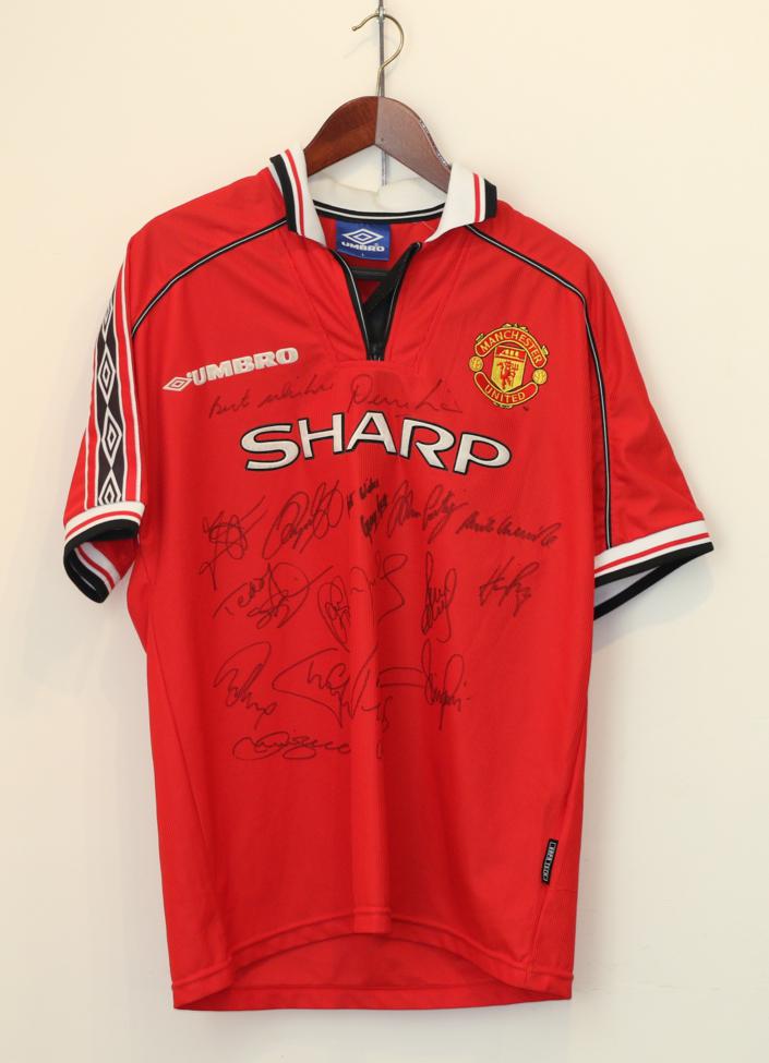 Manchester United Signed Treble Shirt White signed by Dennis Law, George Best, Stam, Giggs,