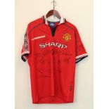Manchester United Signed Treble Shirt White signed by Dennis Law, George Best, Stam, Giggs,