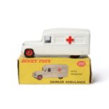 Dinky 253 Daimler Ambulance white, with red plastic hubs and windows (E, one chip to roof, box G)
