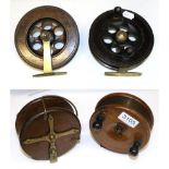 Two Saltscar Wooden Sea Fishing Reels, with brass feet together with one Eton Sun Wooden Sea Reel