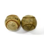 Baseballs one example with traces of autographs of the 1938 England baseball team and another