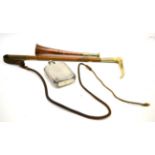 Hunting Related Swaine & Adeney copper Hunting Horn, Whip with antler handle and a Hip Flask