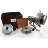 A Hardy Altex No.3 Mk.V Fixed Spool Salmon Reel, with spare spools, instructions and card box