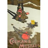 Colman's Mustard Advertising Poster 'To Klondike' depicting a pioneer in Davy Crockett hat warming