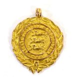 Jersey Football Association Medal, 9ct gold, one side worked with three lions enclosed by a laurel