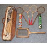 Badminton Items including two Kay rackets, two Club rackets, shuttlecocks, a net and a few other